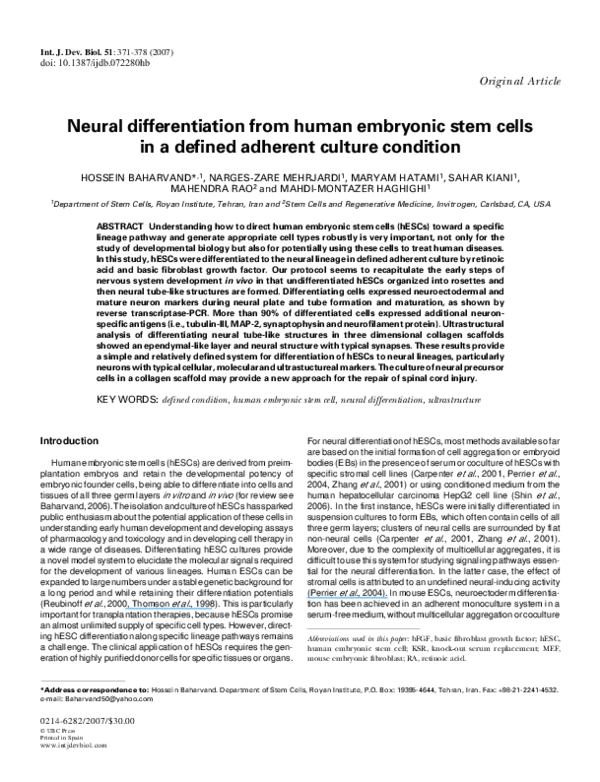 (PDF) Neural differentiation from human embryonic stem cells in a ...
