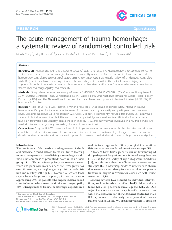 (PDF) The acute management of trauma hemorrhage: a systematic review of ...