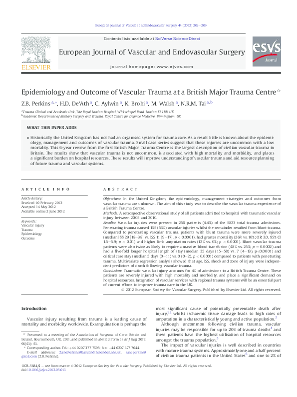 (PDF) Epidemiology and Outcome of Vascular Trauma at a British Major ...