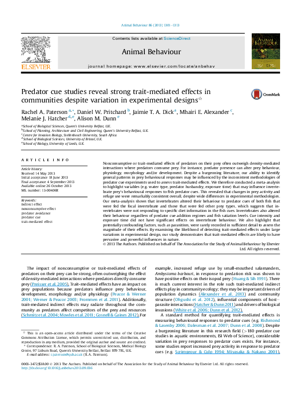 (PDF) Predator cue studies reveal strong trait-mediated effects in ...