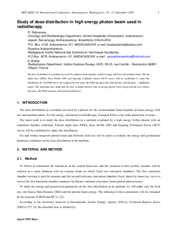 (PDF) Study of dose distribution in high energy photon beam used in ...