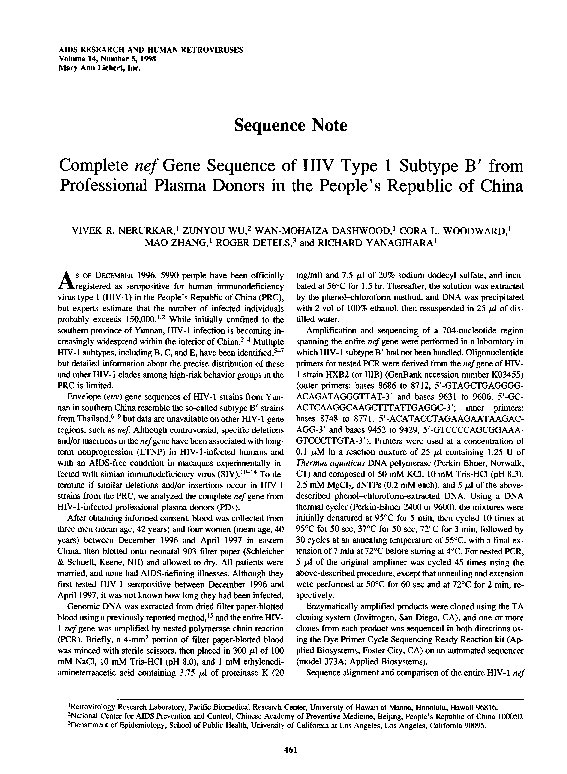 (PDF) Sequence Note : Complete nef Gene Sequence of HIV Type 1 Subtype ...