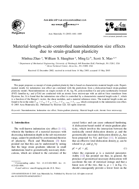 (PDF) Material-length-scale-controlled nanoindentation size effects due ...