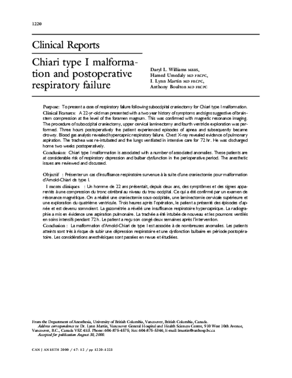 (PDF) Chiari type I malformation and postoperative respiratory failure