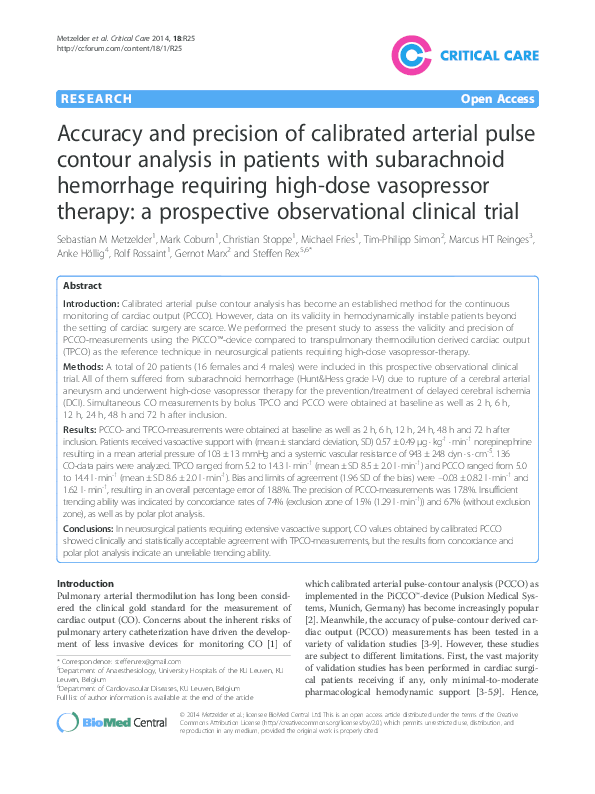 (PDF) Accuracy and precision of calibrated arterial pulse contour ...