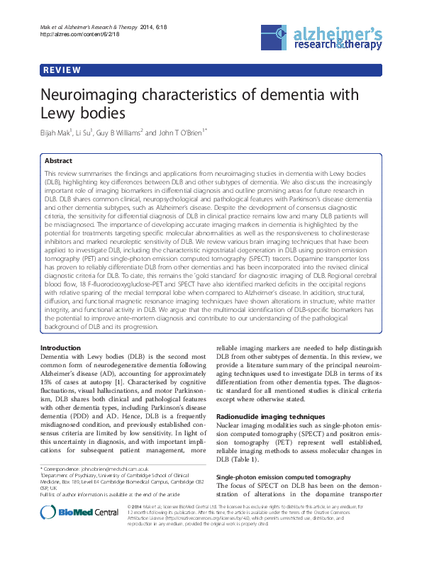 (PDF) Neuroimaging characteristics of dementia with Lewy bodies
