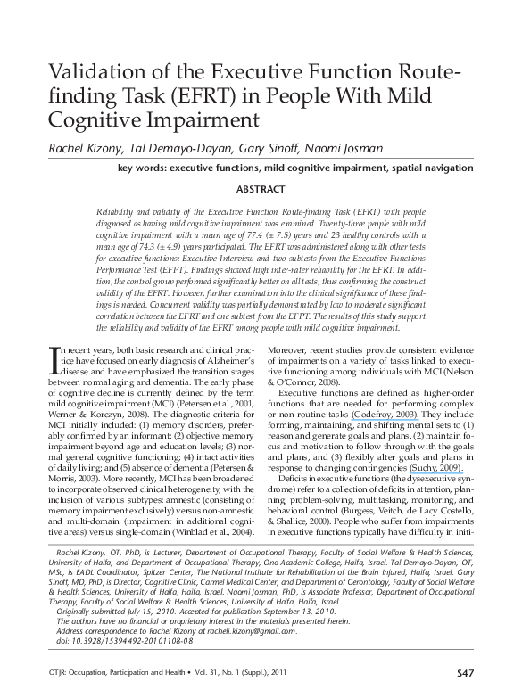 (PDF) Validation of the Executive Function Route-Finding Task (EFRT) in ...