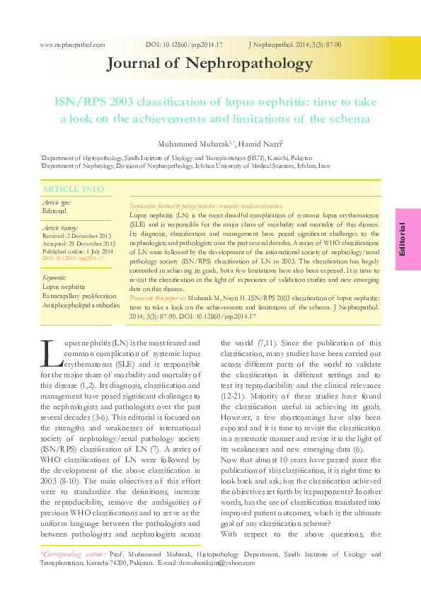 (PDF) ISN/RPS 2003 classification of lupus nephritis: time to take a ...