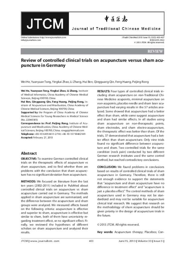 (PDF) Review of controlled clinical trials on acupuncture versus sham