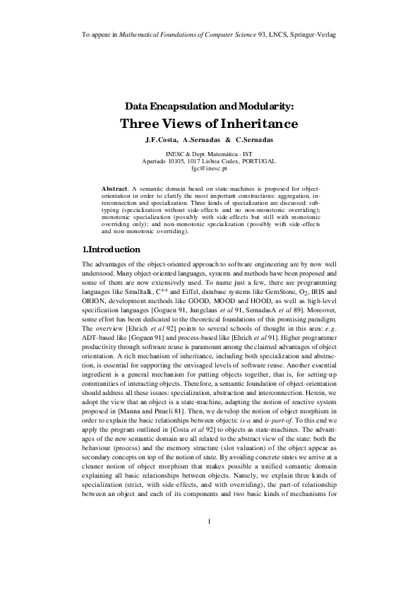 (PDF) Data encapsulation and modularity: Three views of inheritance