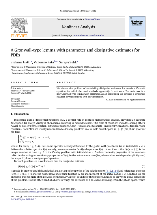 (PDF) A Gronwalltype lemma with parameter and dissipative estimates — free download