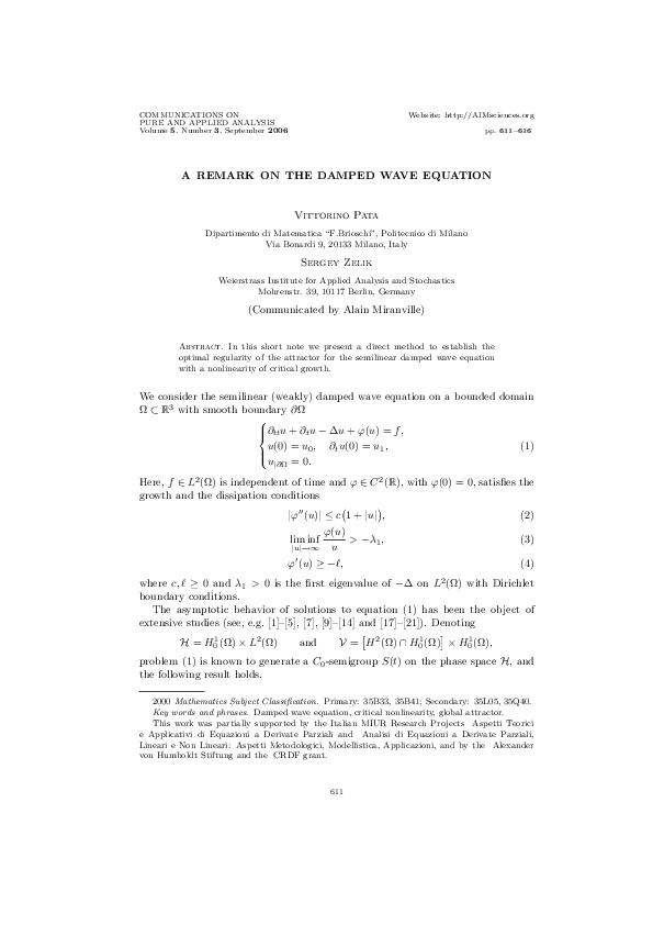 (PDF) A remark on the damped wave equation Sergey Zelik Academia.edu