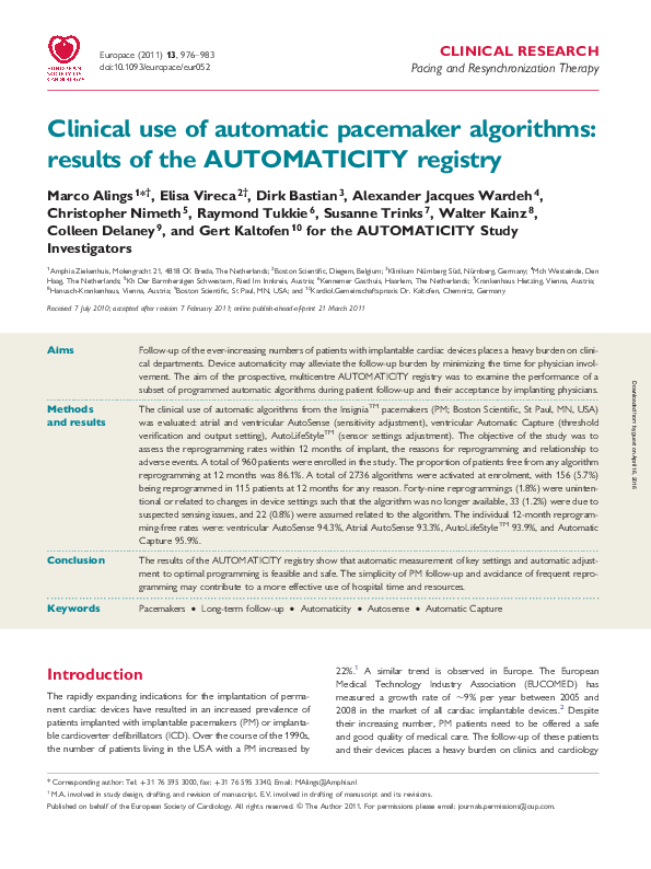 (PDF) Clinical use of automatic pacemaker algorithms: results of the ...