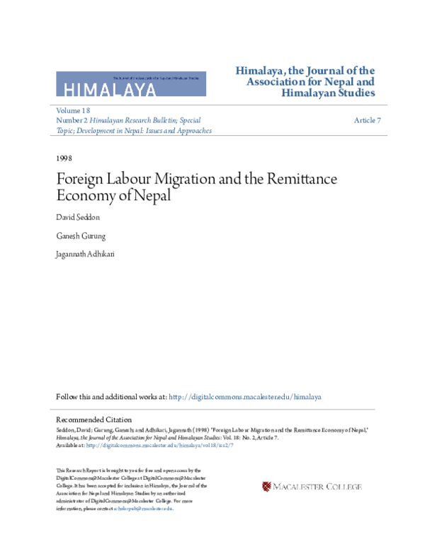 (PDF) Foreign Labour Migration and the Remittance Economy of Nepal