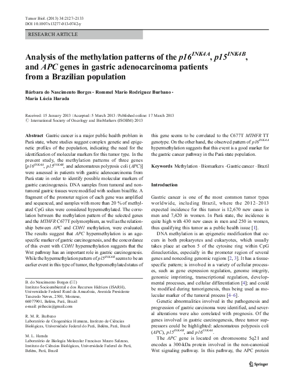 (PDF) Analysis of the methylation patterns of the p16 INK4A , p15 INK4B ...