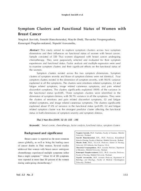 (PDF) Symptom Clusters and Functional Status of Women with Breast Cancer