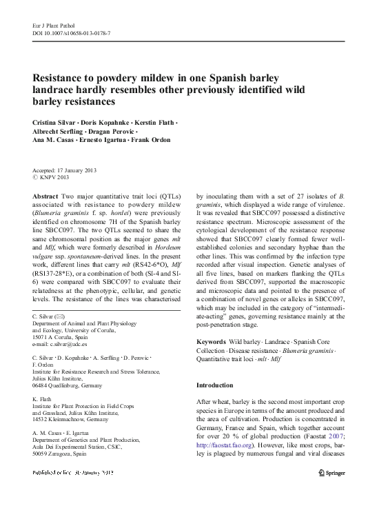 (PDF) Resistance to powdery mildew in one Spanish barley landrace