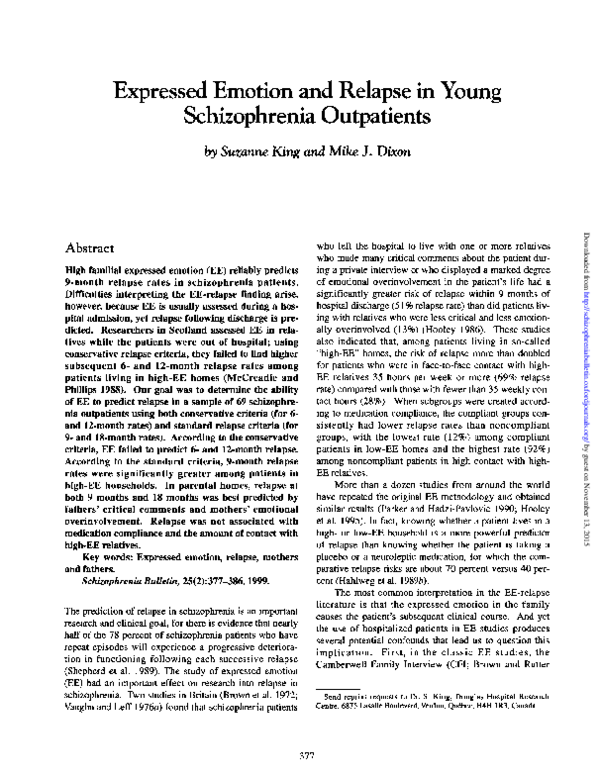 (PDF) Expressed Emotion and Relapse in Young Schizophrenia Outpatients