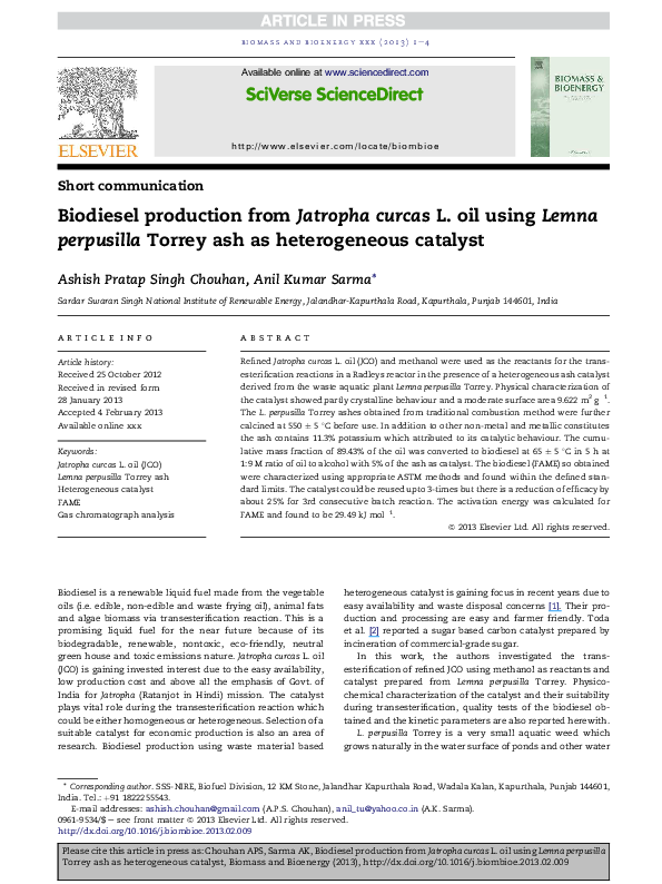 (PDF) Biodiesel production from Jatropha curcas L. oil using Lemna ...