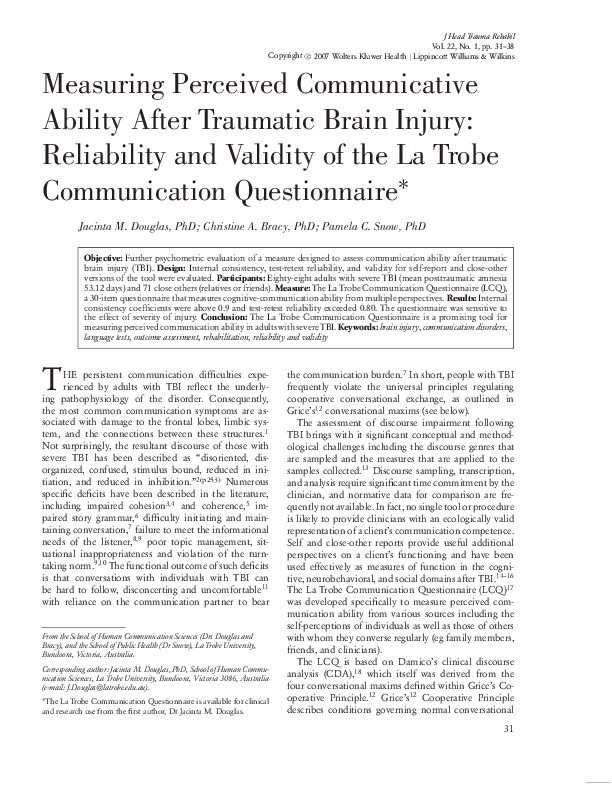 (PDF) Measuring Perceived Communicative Ability After Traumatic Brain