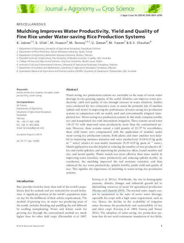 (PDF) Mulching Improves Water Productivity, Yield and Quality of Fine ...