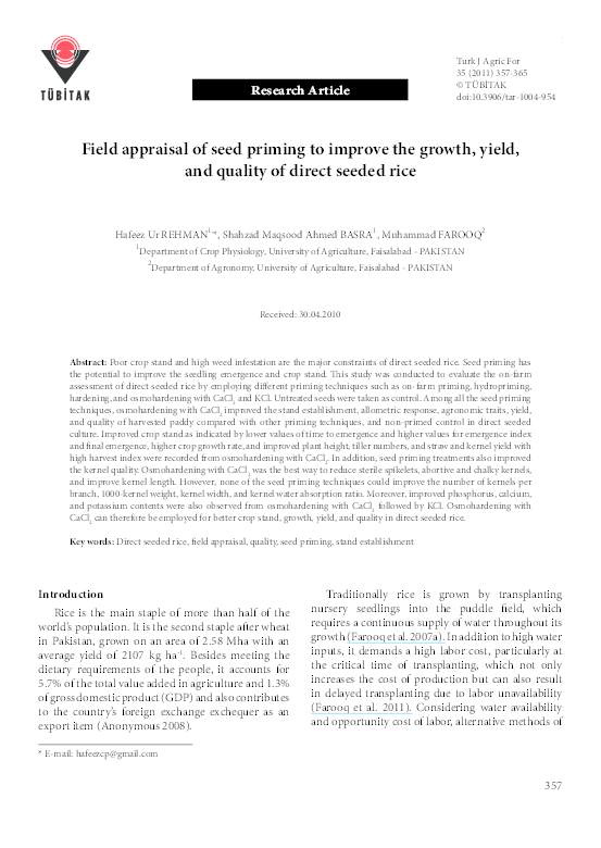 (PDF) Field appraisal of seed priming to improve the growth, yield, and quality of direct seeded