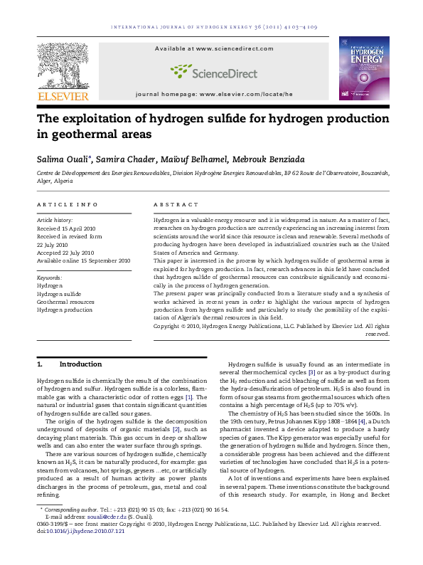 (PDF) The exploitation of hydrogen sulfide for hydrogen production in ...