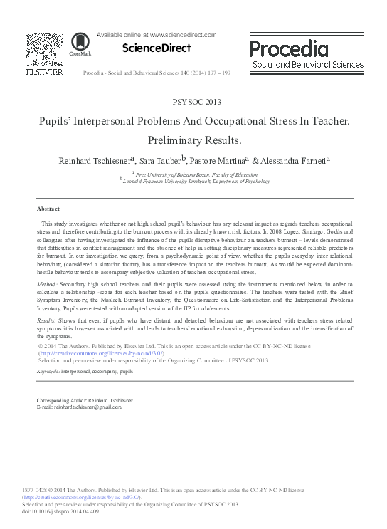(PDF) Pupils’ Interpersonal Problems and Occupational Stress in Teacher ...