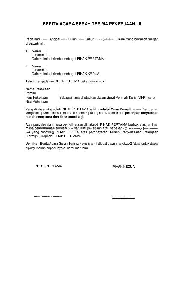 Contoh Surat Berita Acara Serah Terima Pekerjaan Proyek