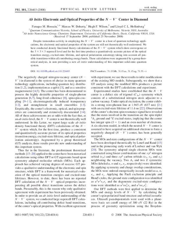 (PDF) Ab Initio Electronic and Optical Properties of the N-V- Center in ...