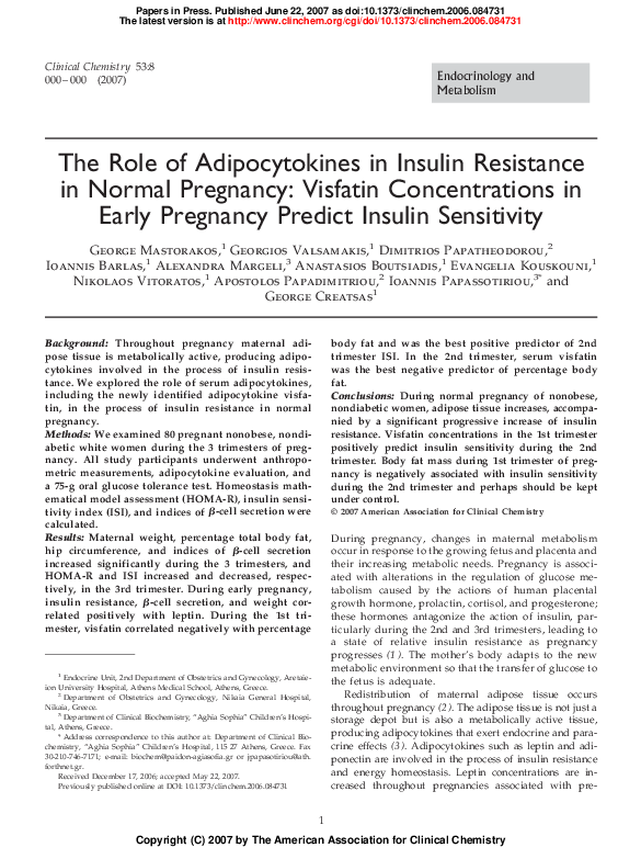 (PDF) The Role of Adipocytokines in Insulin Resistance in Normal ...