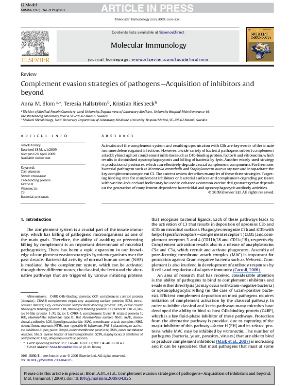 (PDF) Complement evasion strategies of pathogens—Acquisition of ...