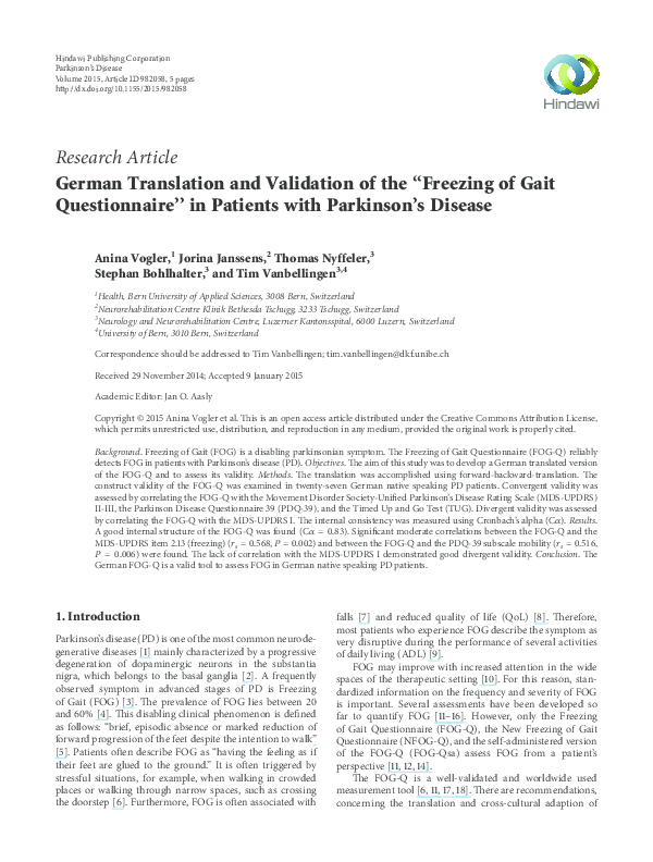(PDF) German Translation and Validation of the “Freezing of Gait ...
