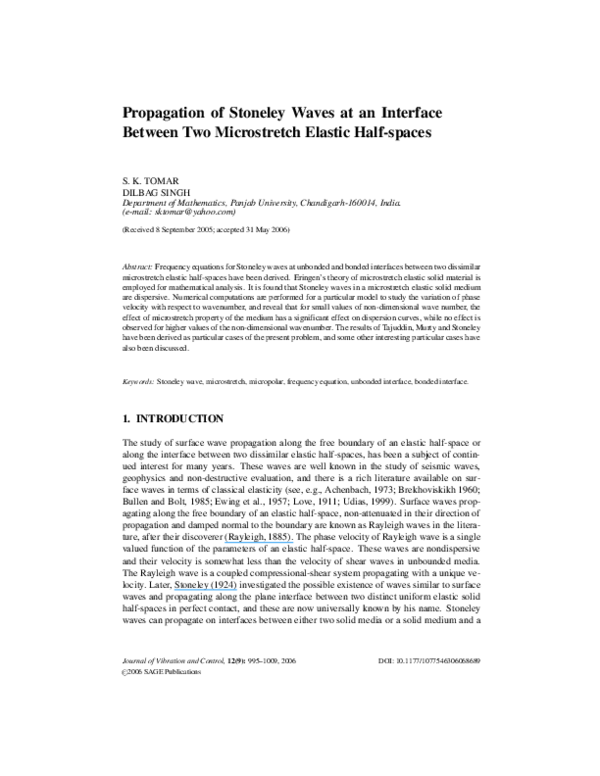 (PDF) Propagation of Stoneley Waves at an Interface Between Two ...