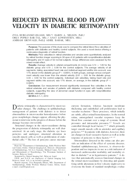 (PDF) REDUCED RETINAL BLOOD FLOW VELOCITY IN DIABETIC RETINOPATHY