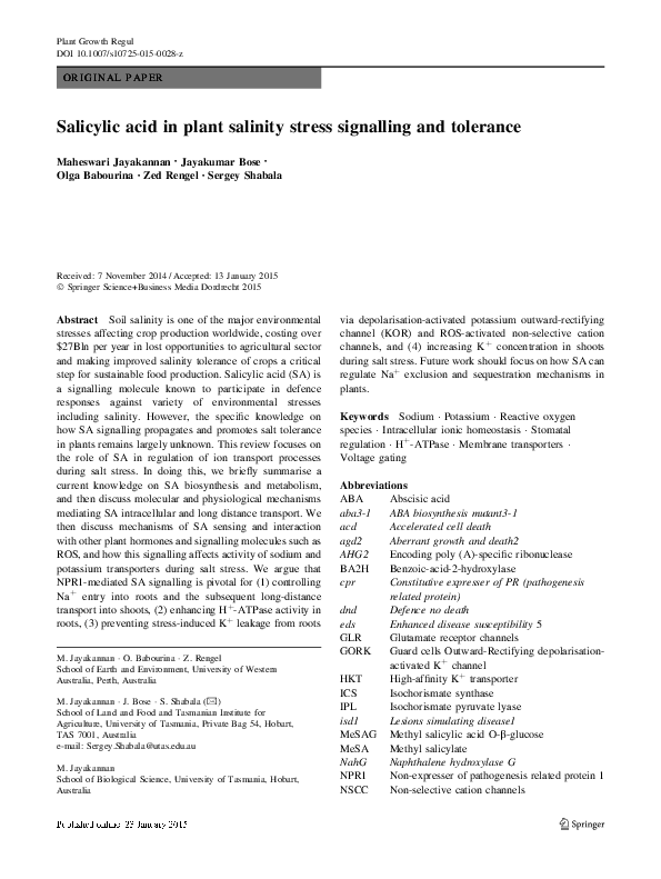 (PDF) Salicylic acid in plant salinity stress signalling and tolerance