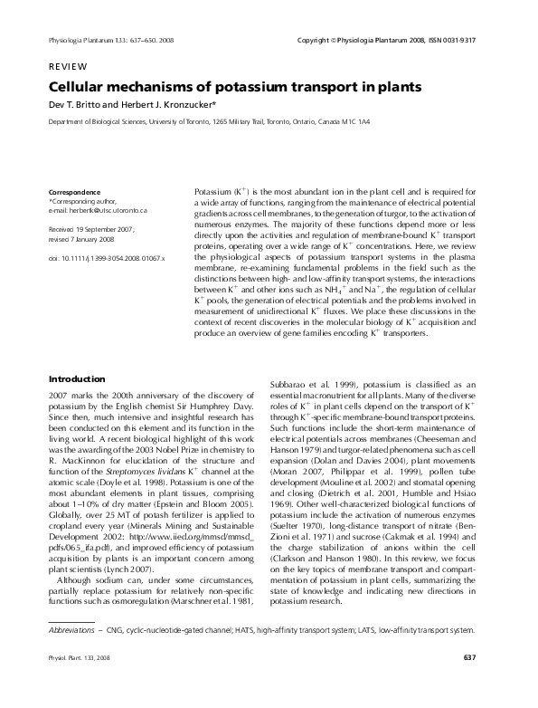 (PDF) Cellular mechanisms of potassium transport in plants