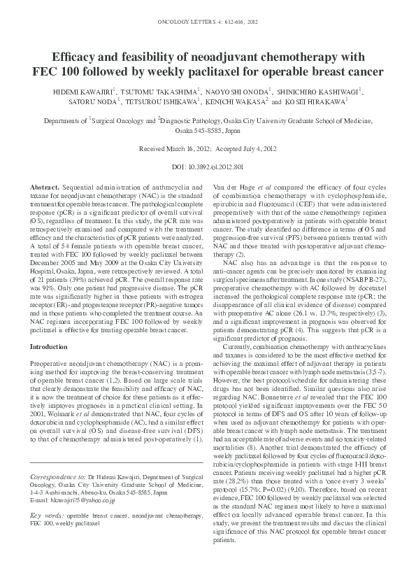 (PDF) Efficacy and feasibility of neoadjuvant chemotherapy with FECï ...