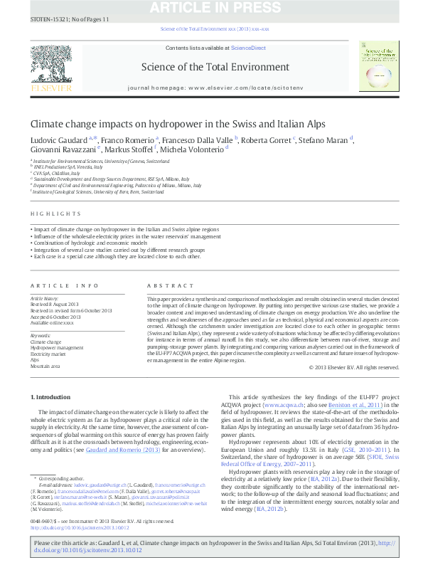 (PDF) Climate change impacts on hydropower in the Swiss and Italian Alps