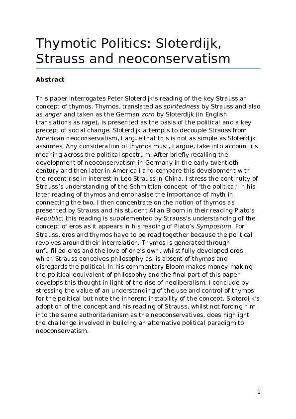 (DOC) Thymotic Politics Sloterdijk, Strauss, and Neoconservatism
