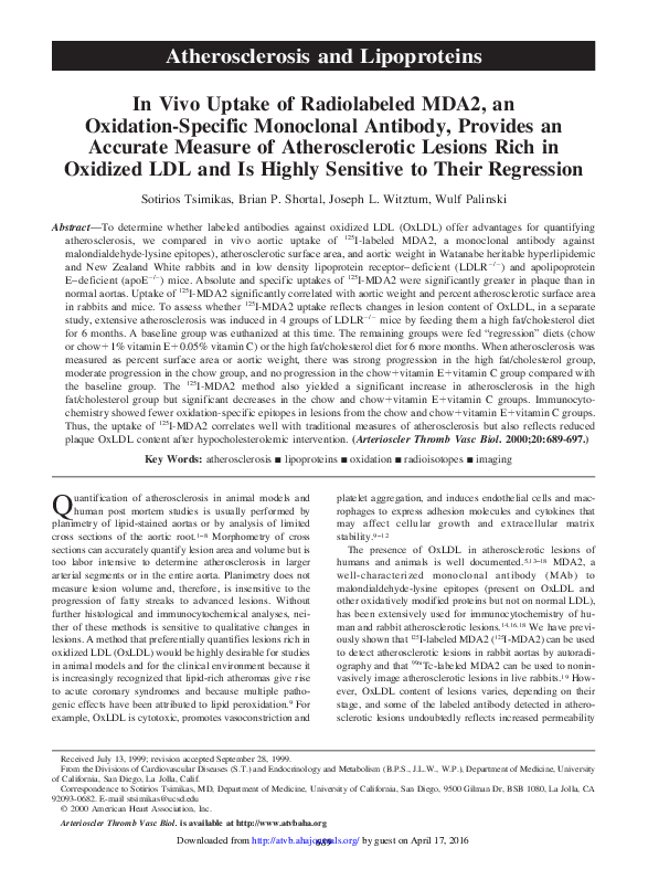 (PDF) In Vivo Uptake of Radiolabeled MDA2, an OxidationSpecific