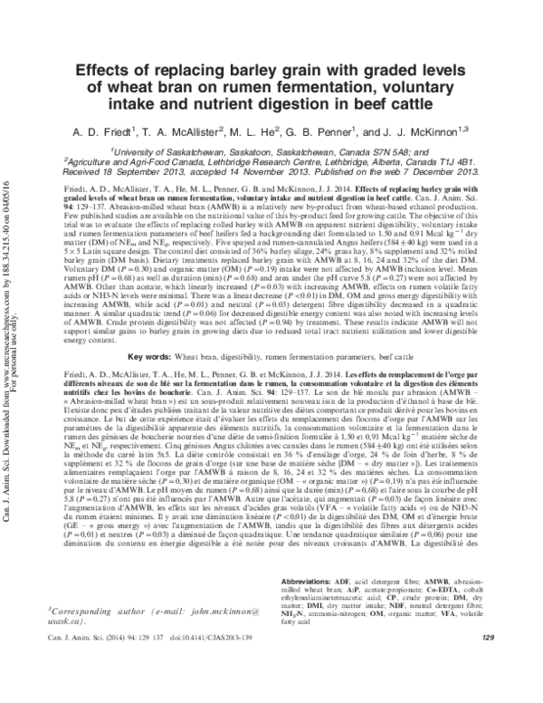 Effects of replacing barley grain with graded levels of wheat bran on ...