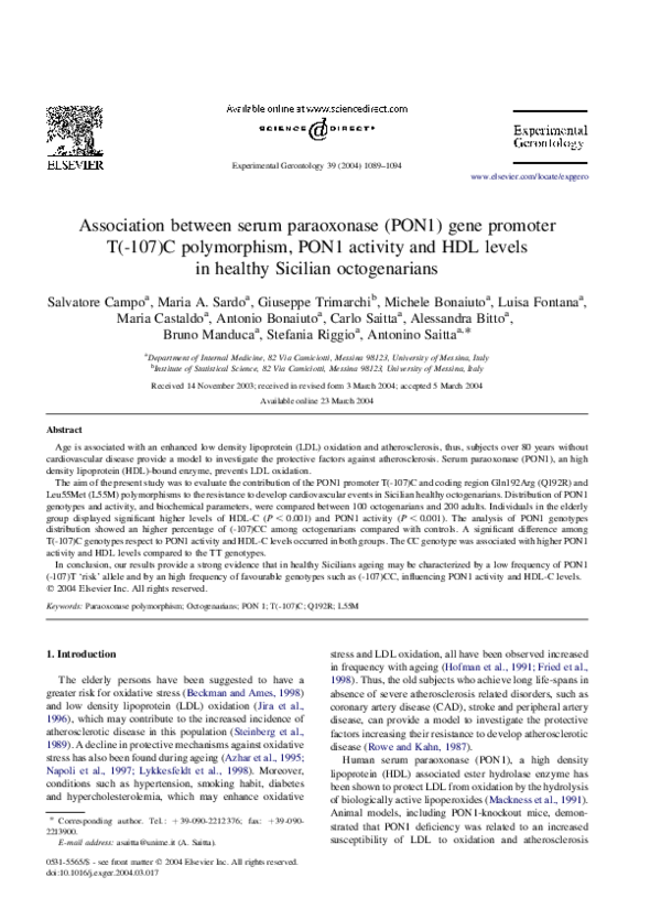 (PDF) Association between serum paraoxonase (PON1) gene promoter T(-107 ...