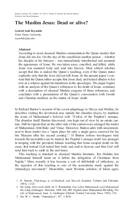 First page of “"The Muslim Jesus: Dead or Alive?" Bulletin of the School of Oriental and African Studies 72 (2009), 237-58.”