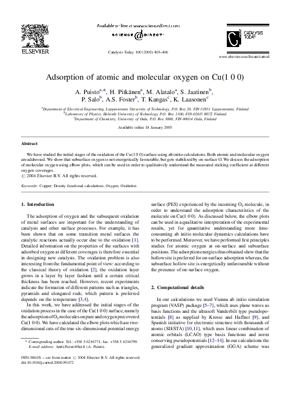 (PDF) Adsorption of atomic and molecular oxygen on Cu(1 0 0)