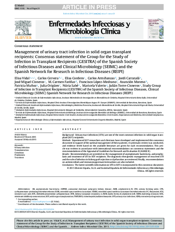 (PDF) Management of urinary tract infection in solid organ transplant