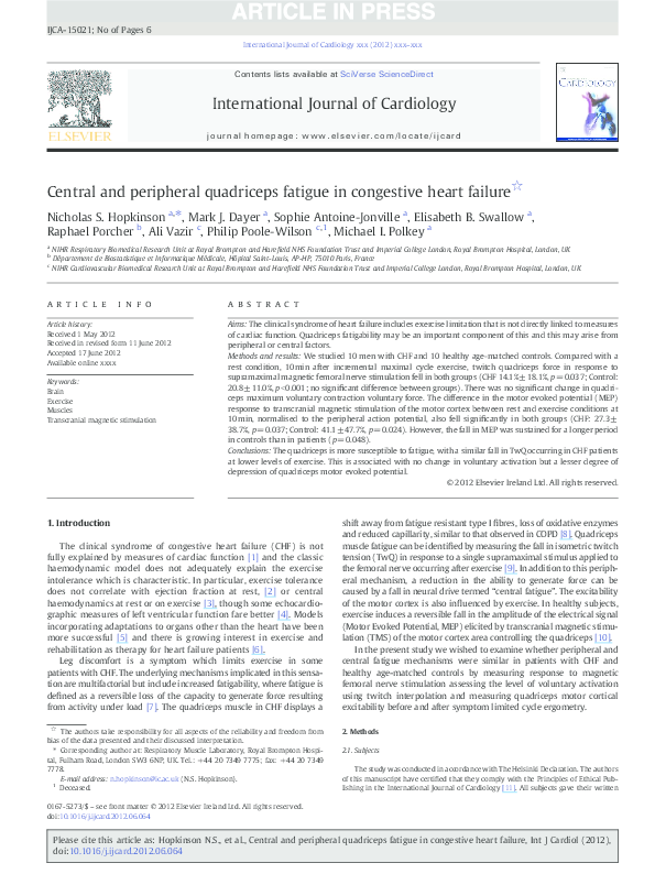 (PDF) Central and peripheral quadriceps fatigue in congestive heart failure
