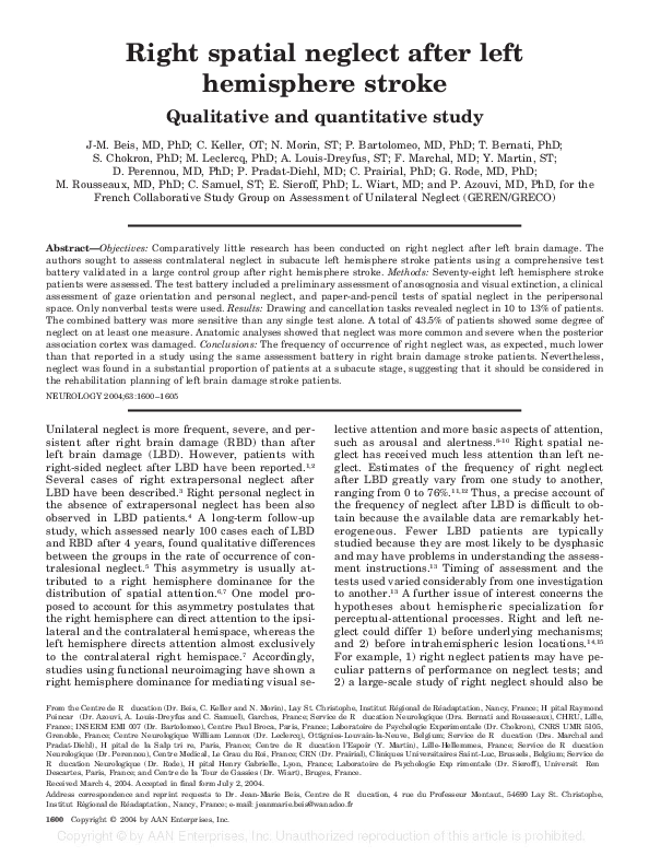 (PDF) Right spatial neglect after left hemisphere stroke: Qualitative ...