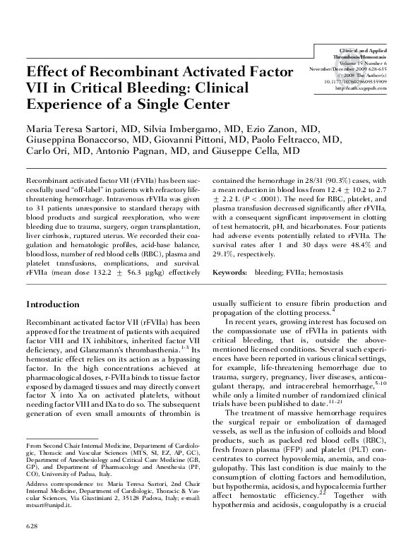 (PDF) Effect of Recombinant Activated Factor VII in Critical Bleeding ...