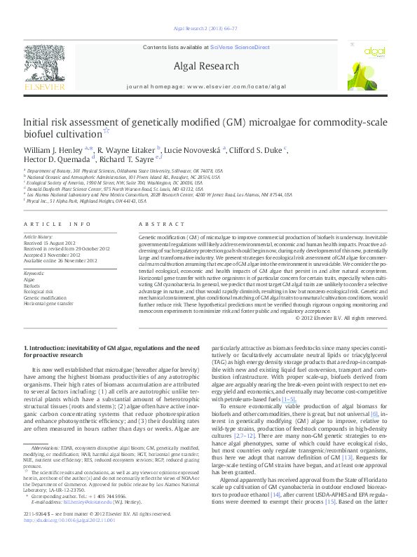 (PDF) Initial risk assessment of genetically modified (GM) microalgae ...